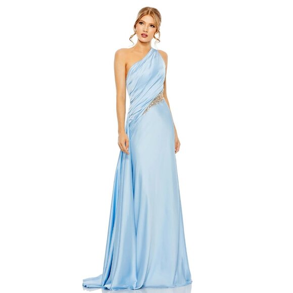 NWT Mac Duggal One-Shoulder Charmeuse Gown with Beaded Cutout Powder Blue #A0563 - Picture 1 of 12